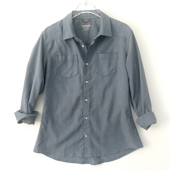 Western Rise Button Down Shirt Blouse Top Tech Travel Gorpcore Gray Size Medium - Picture 10 of 15
